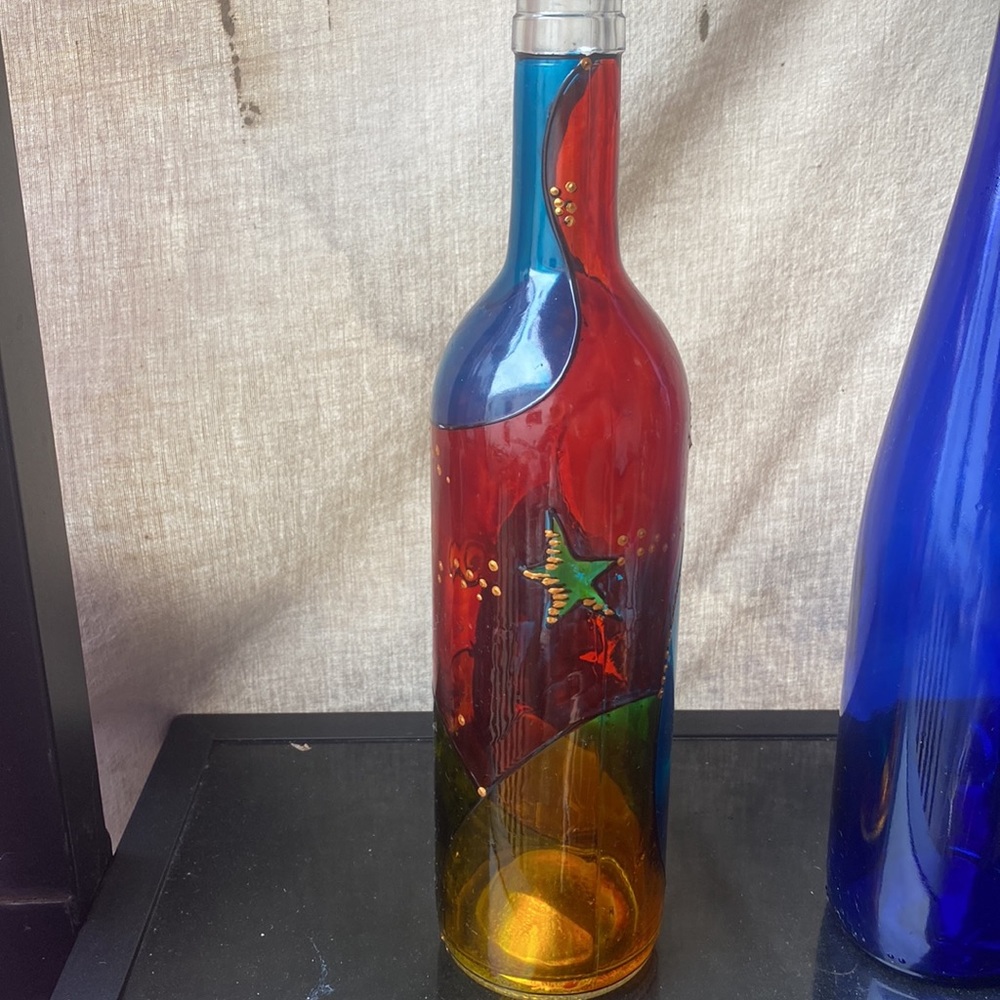 Vintage Artvork Toronto Handpainted Folk Art Glass Bottle Celestial Suncatcher